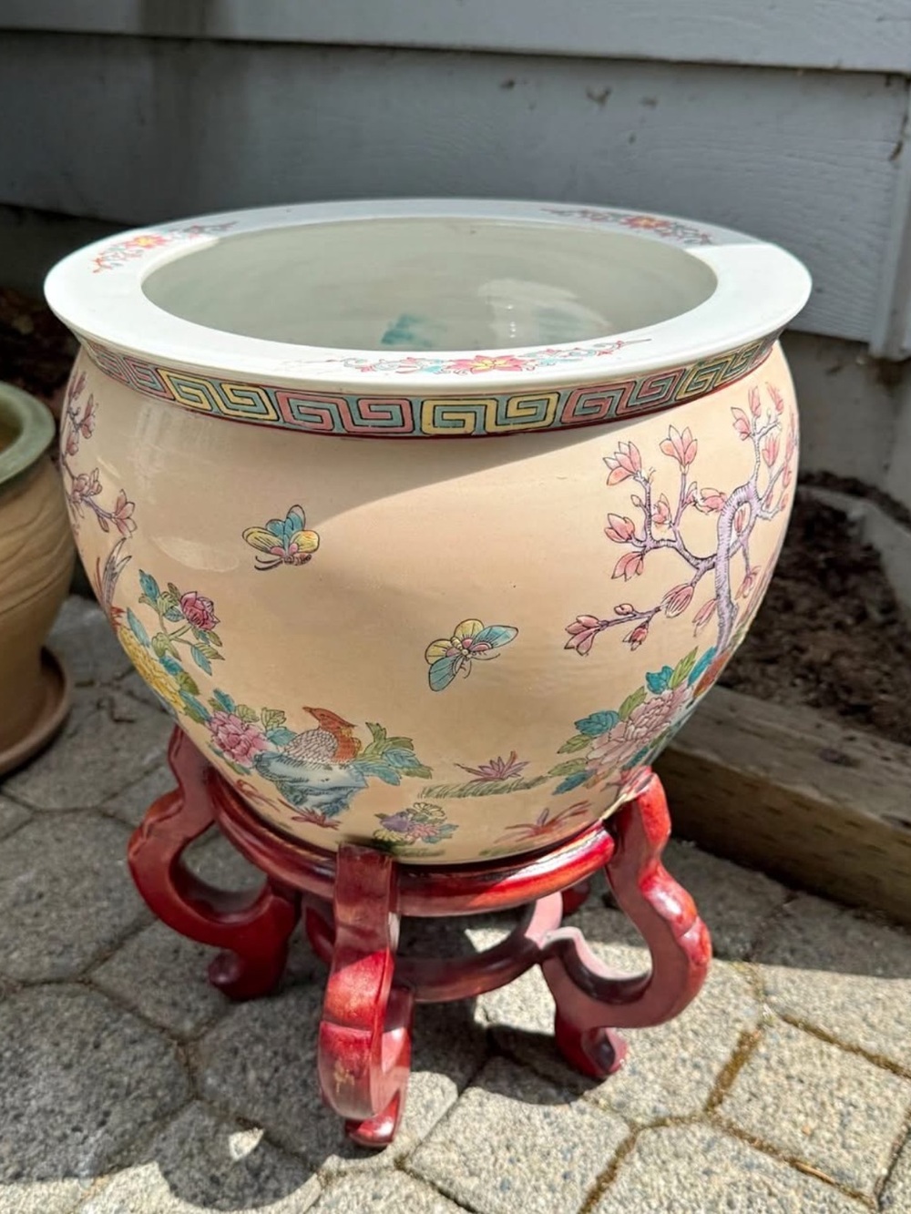 Vintage families rose Ceramic porcelain Fishbowl Planter with Stand 13”